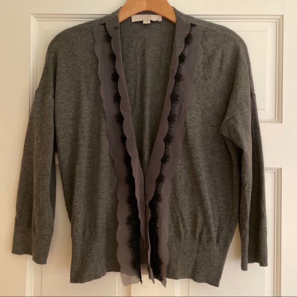 **3 for $20!!** LOFT Grey Cardigan Black Lace Small - Picture 1 of 4